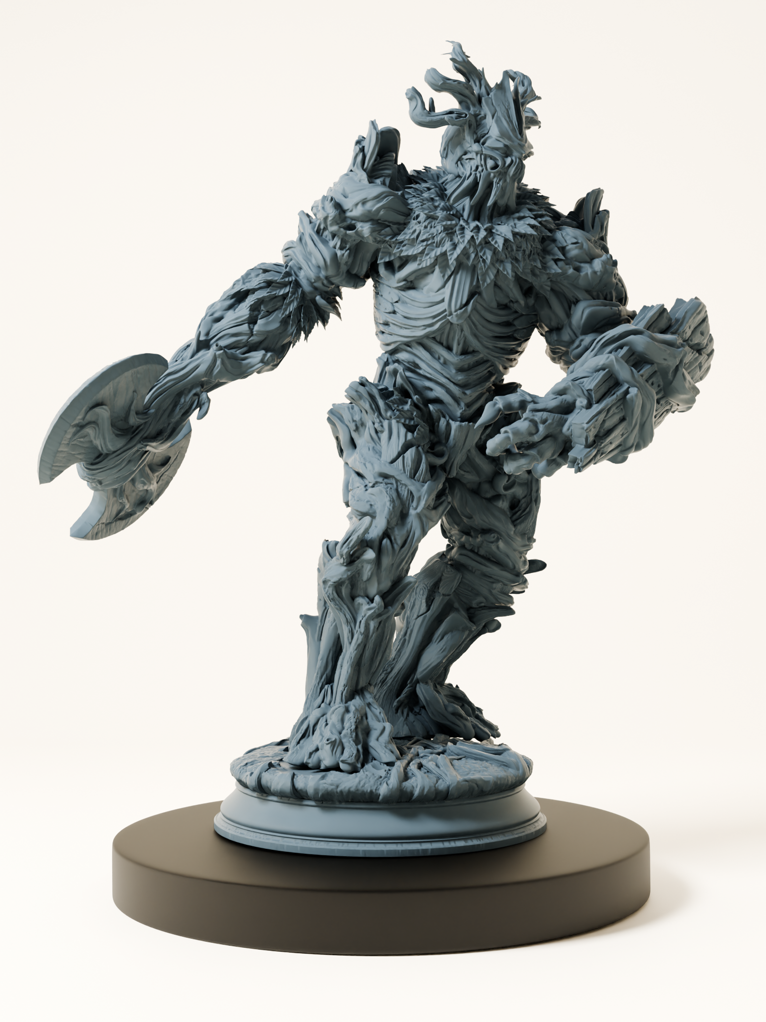 Figurine d’un treant massif sculpté dans un entrelacs de racines noueuses, tenant un tronc en guise d’arme, avec une silhouette menaçante et une expression de rage gravée dans l’écorce.