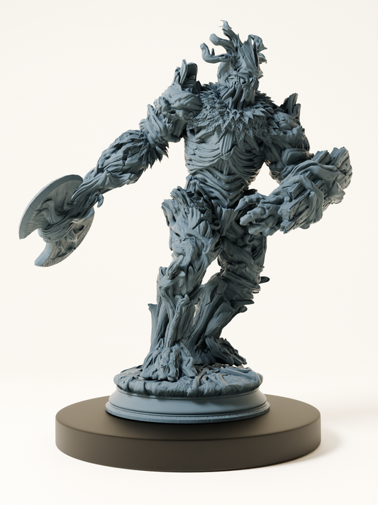 Figurine d’un treant massif sculpté dans un entrelacs de racines noueuses, tenant un tronc en guise d’arme, avec une silhouette menaçante et une expression de rage gravée dans l’écorce.