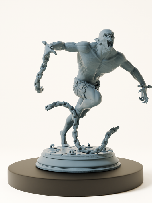 Figurine d’un mort-vivant vampirique enchaîné, maigre et bestial, les crocs exposés, le corps tendu vers l’attaque, parfait pour représenter un thrall ou sbire vampirique dans un jeu de rôle fantastique.