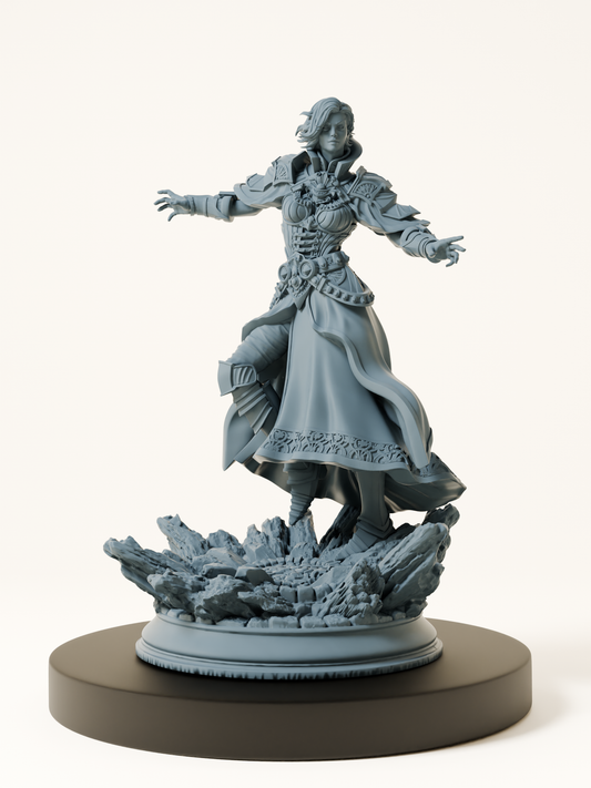 Figurine humaine psionique en lévitation, bras tendus, vêtue d’une robe ornée de symboles magiques, flottant au-dessus d’un socle rocheux éclaté.
