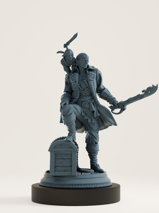 Figurine d’un pirate humanoïde debout sur un coffre, sabre en main et singe armé à l’épaule. Idéal pour jeux de rôle fantasy et campagnes maritimes.