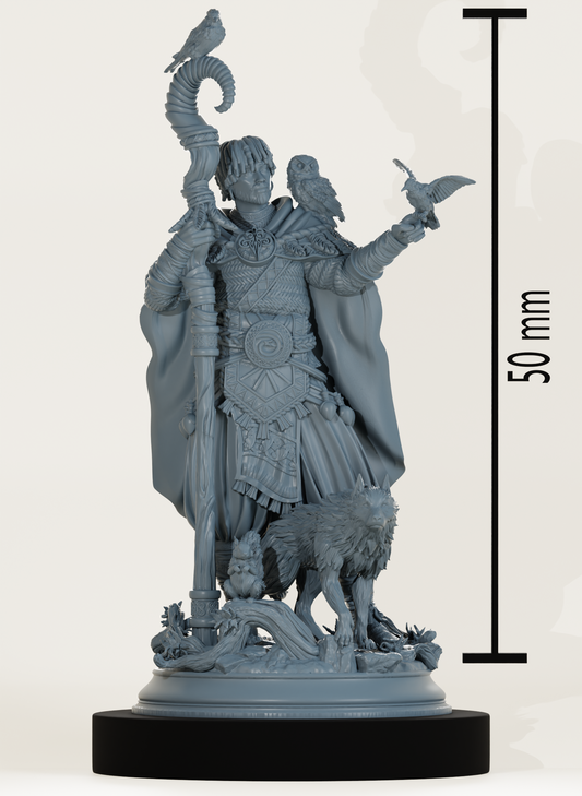 Un druide tribal en robe et cape, entouré d’animaux comme un hibou et un loup, tenant un bâton rituel.