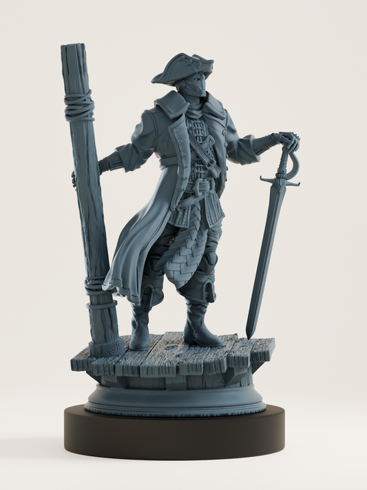 Figurine d’un pirate artificiel en manteau long, tenant un sabre et debout sur un ponton, avec un tricorne et une armure d’officier naval. Idéale pour jeu de rôle fantastique maritime.
