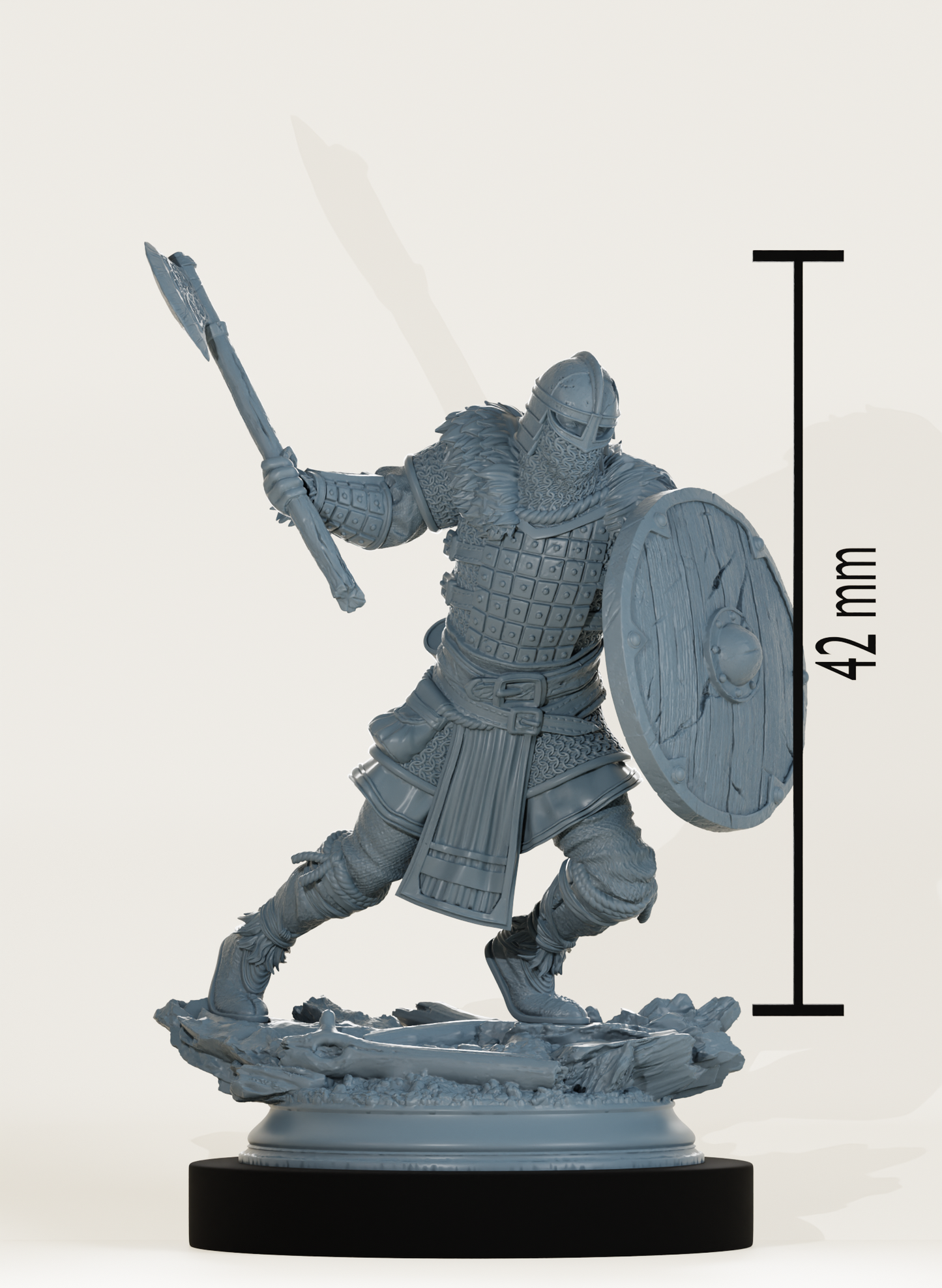 Figurine d’un guerrier en armure avec hache levée et bouclier en bois, prêt à encaisser un assaut.