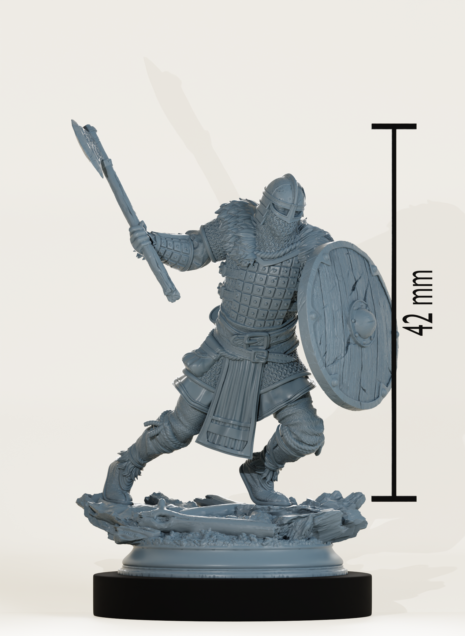 Figurine d’un guerrier en armure avec hache levée et bouclier en bois, prêt à encaisser un assaut.