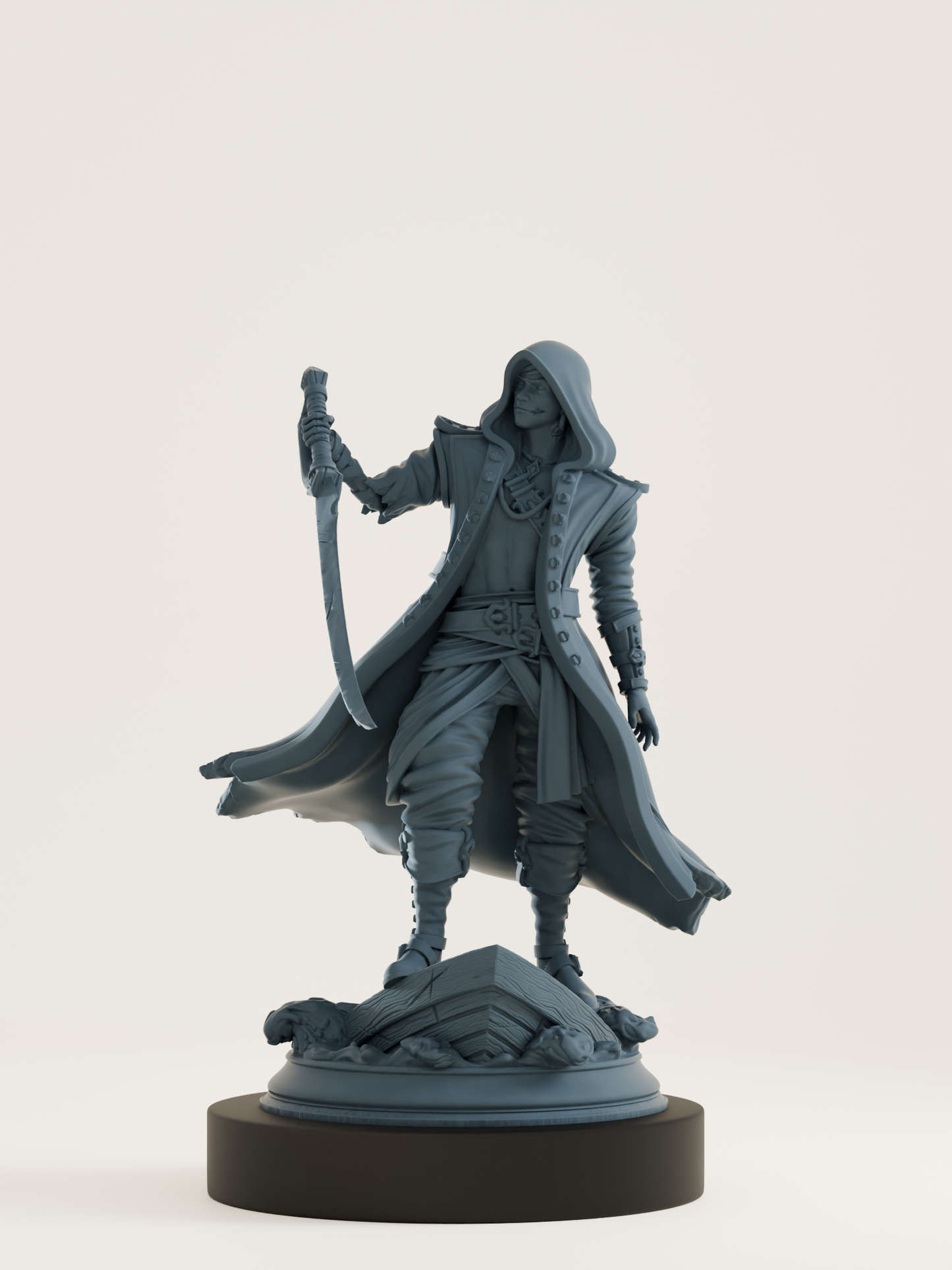 Figurine d’un capitaine pirate mort-vivant en manteau et capuche, brandissant un sabre sur une épave, pour jeux de rôle et dioramas fantastiques.