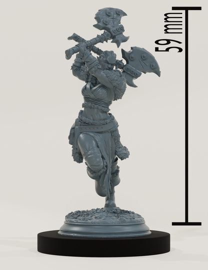 Guerrier orc à peau verte brandissant une arme massive à double lame, vêtu de fourrures et armure tribale