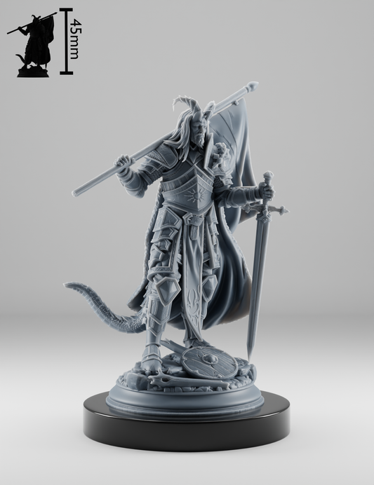 Figurine tiefling capitaine vétéran en résine grise, armure de plaques, grande épée et bannière, socle ruines.