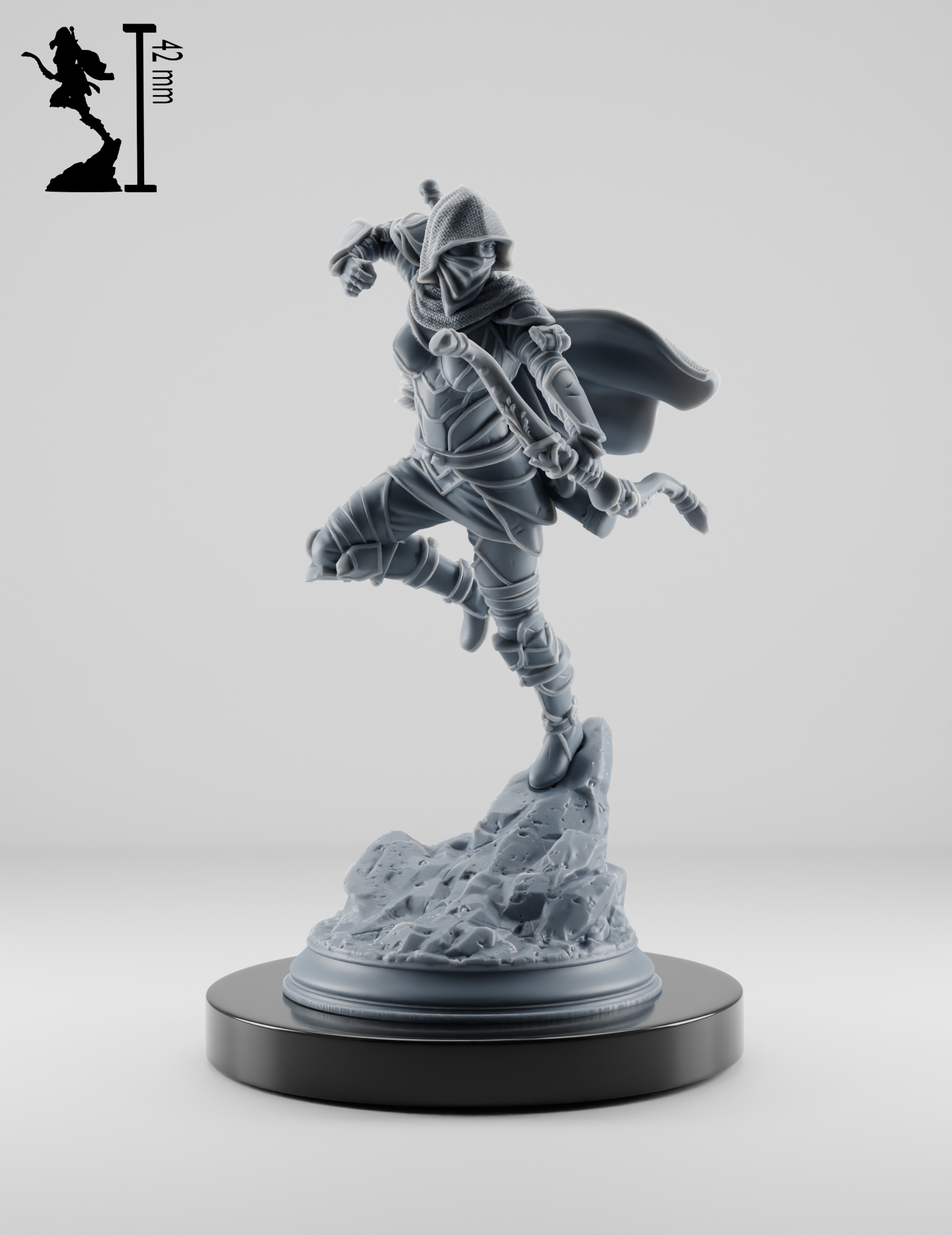 Figurine elfe ranger femme en pose dynamique avec arc long, capuche chainmail et manteau flottant pour jeu de rôle