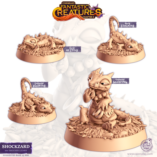 Figurine de lézard magique miniature sur socle, avec plusieurs variantes de pose, compagnon animal à peindre pour jeux de rôle.