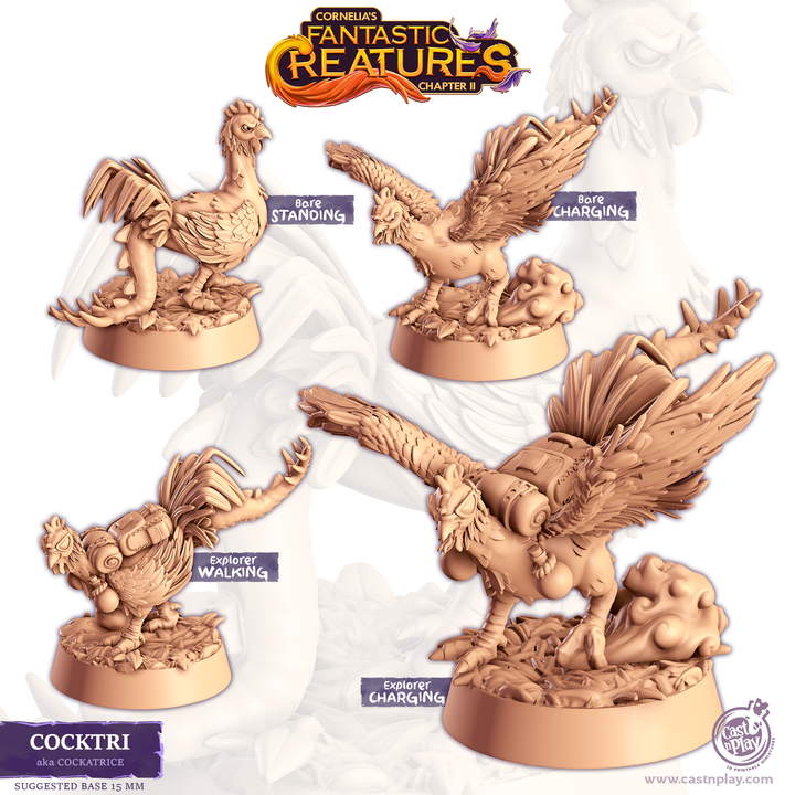 Figurine de Cockatrice hybride entre coq et dragon, avec des poses de marche et d’attaque, en version nue et explorateur. Miniature à peindre pour jeux de rôle fantastiques.