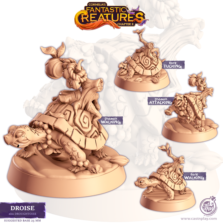 Figurine de tortue magique druidique avec carapace sculptée, arbre sur le dos et bâton chamanique, compagnon à peindre pour jeux de rôle.