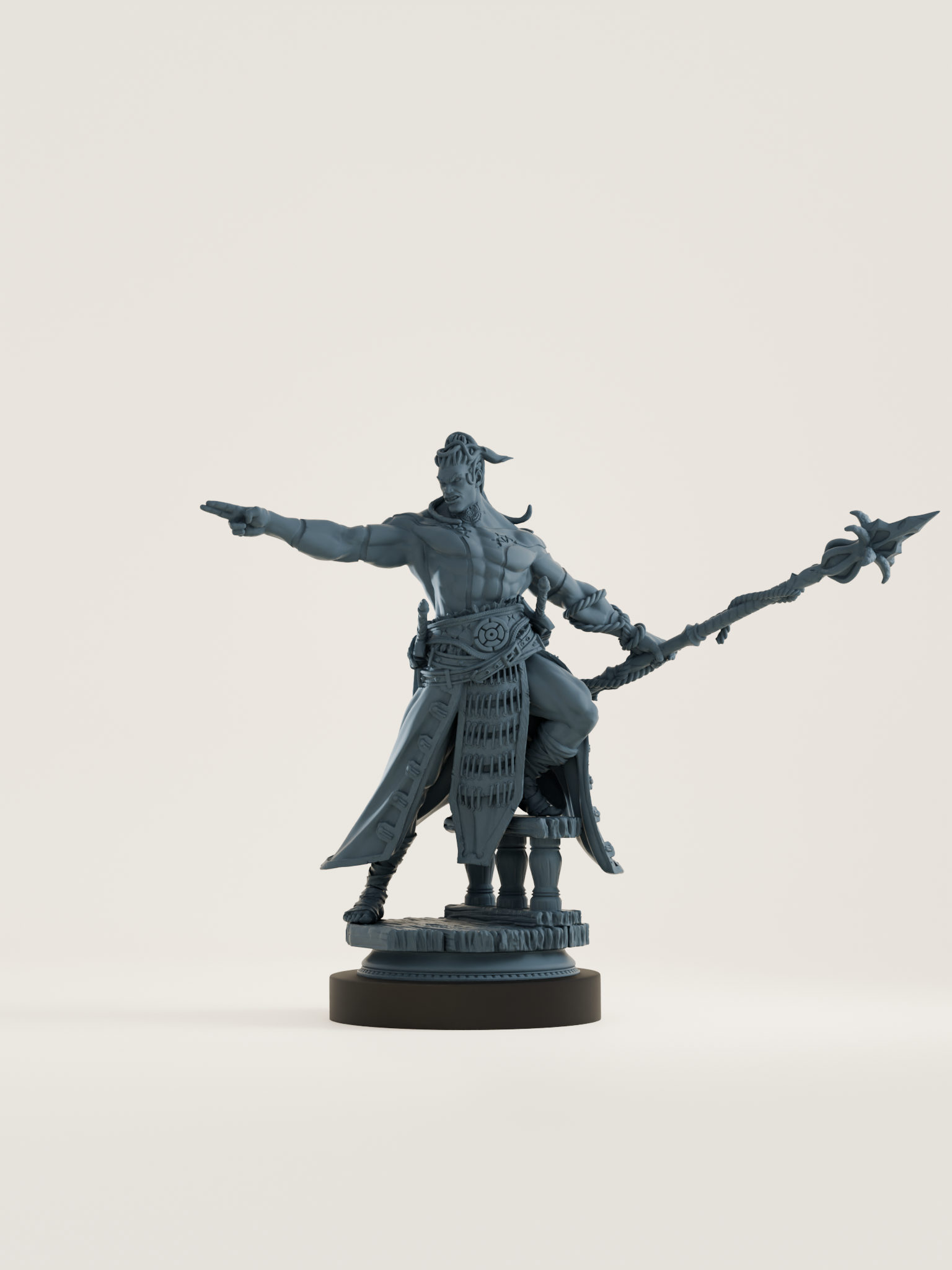 Figurine de pirate colossal musclé avec harpon décoré, portant un manteau long et une ceinture ornée, bras tendu, miniature à peindre pour jeu de rôle fantasy marin.