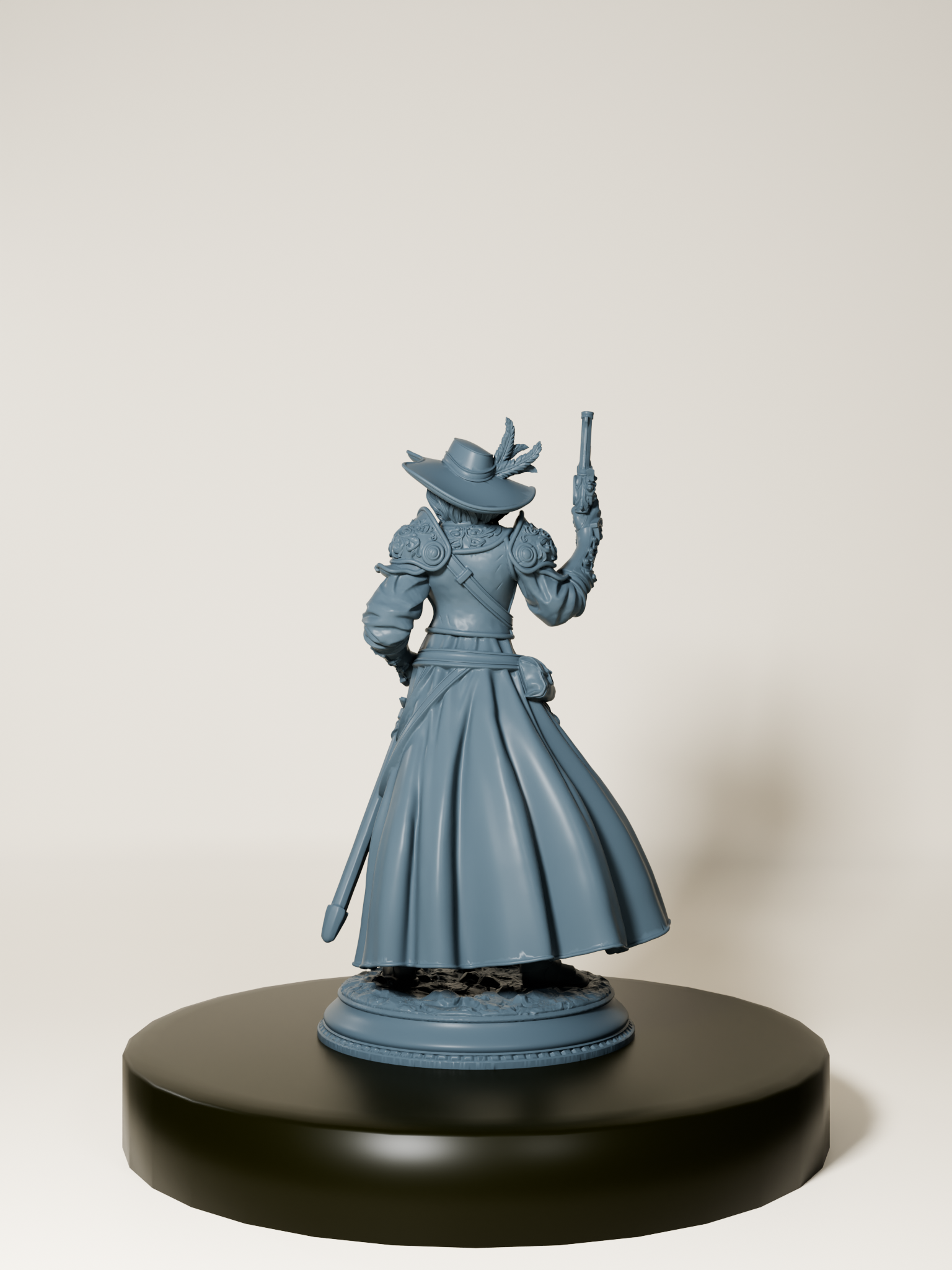 Figurine d’une inquisitrice humaine armée d’un pistolet et d’une rapière, vêtue d’un long manteau détaillé, parfaite pour le jeu de rôle et la peinture de figurines