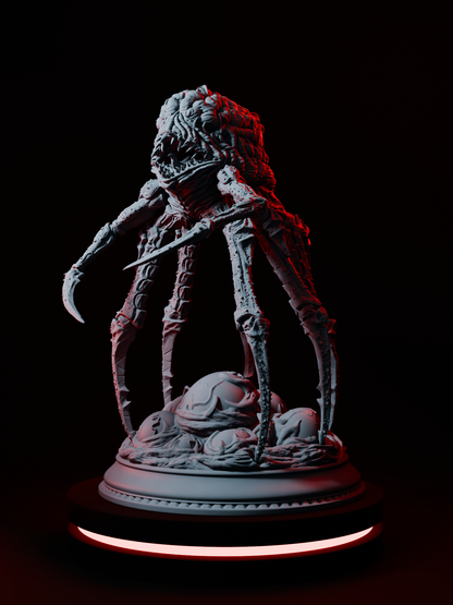 Figurine d'une abomination psychique à plusieurs membres, sur socle d'œufs monstrueux, idéale pour jeux de rôle comme D&D ou Pathfinder.
