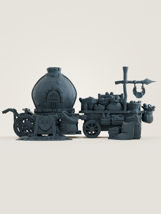 Décor miniature de stand de boulangerie mobile avec four ambulant, chariot à pains, sacs de farine et accessoires, à peindre pour jeu de rôle et diorama