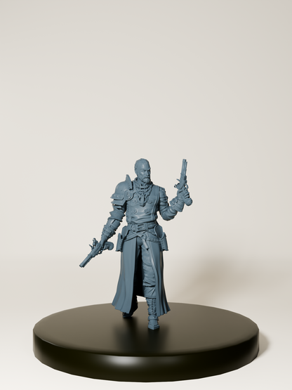 Figurine d’un inquisiteur humain armé de pistolets et d’une chaîne magique, idéale pour le jeu de rôle et la peinture sur figurine.