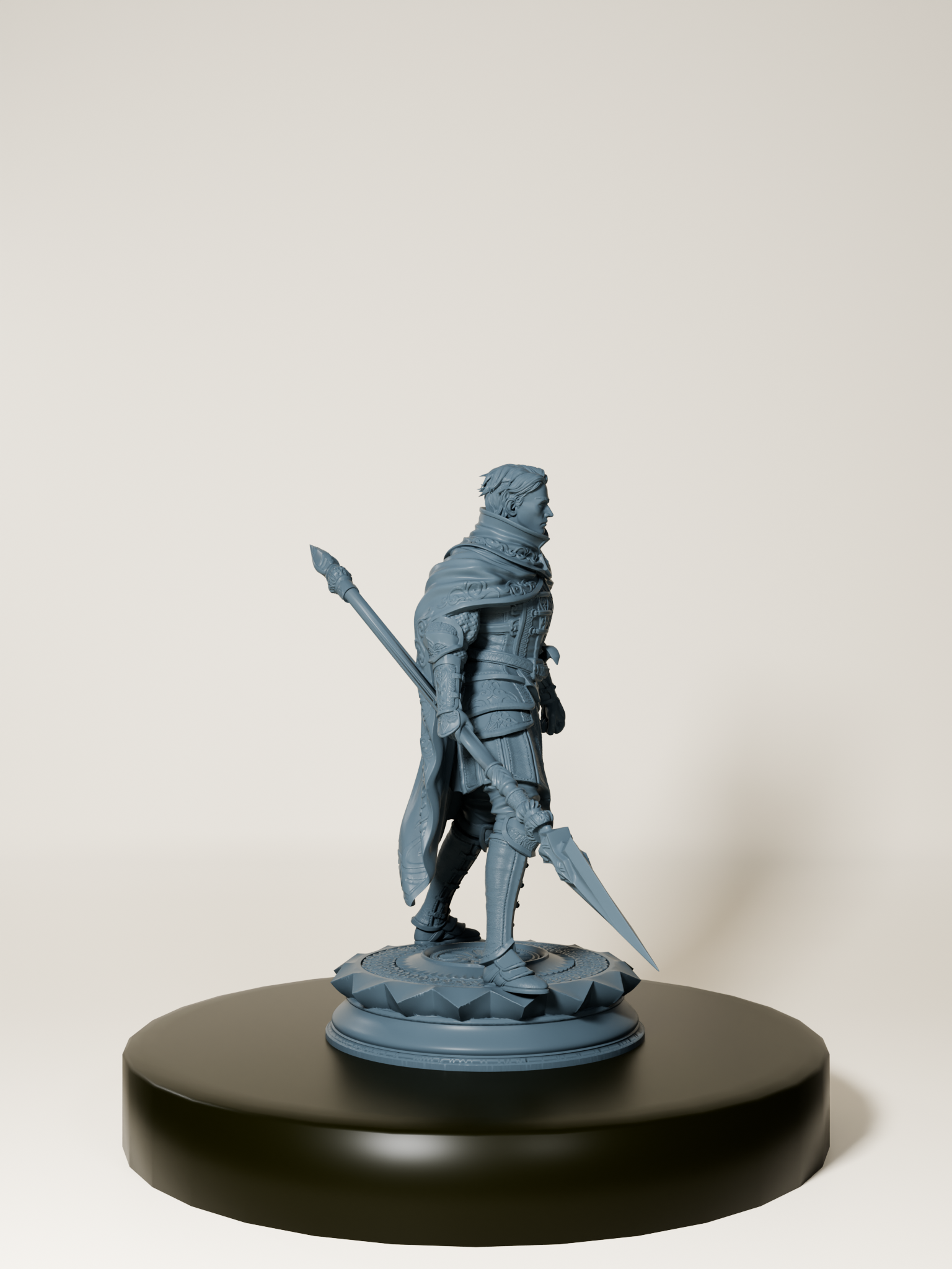 Figurine de lancier humain pour jeux de rôle, posée sur un socle, en pleine posture de combat.