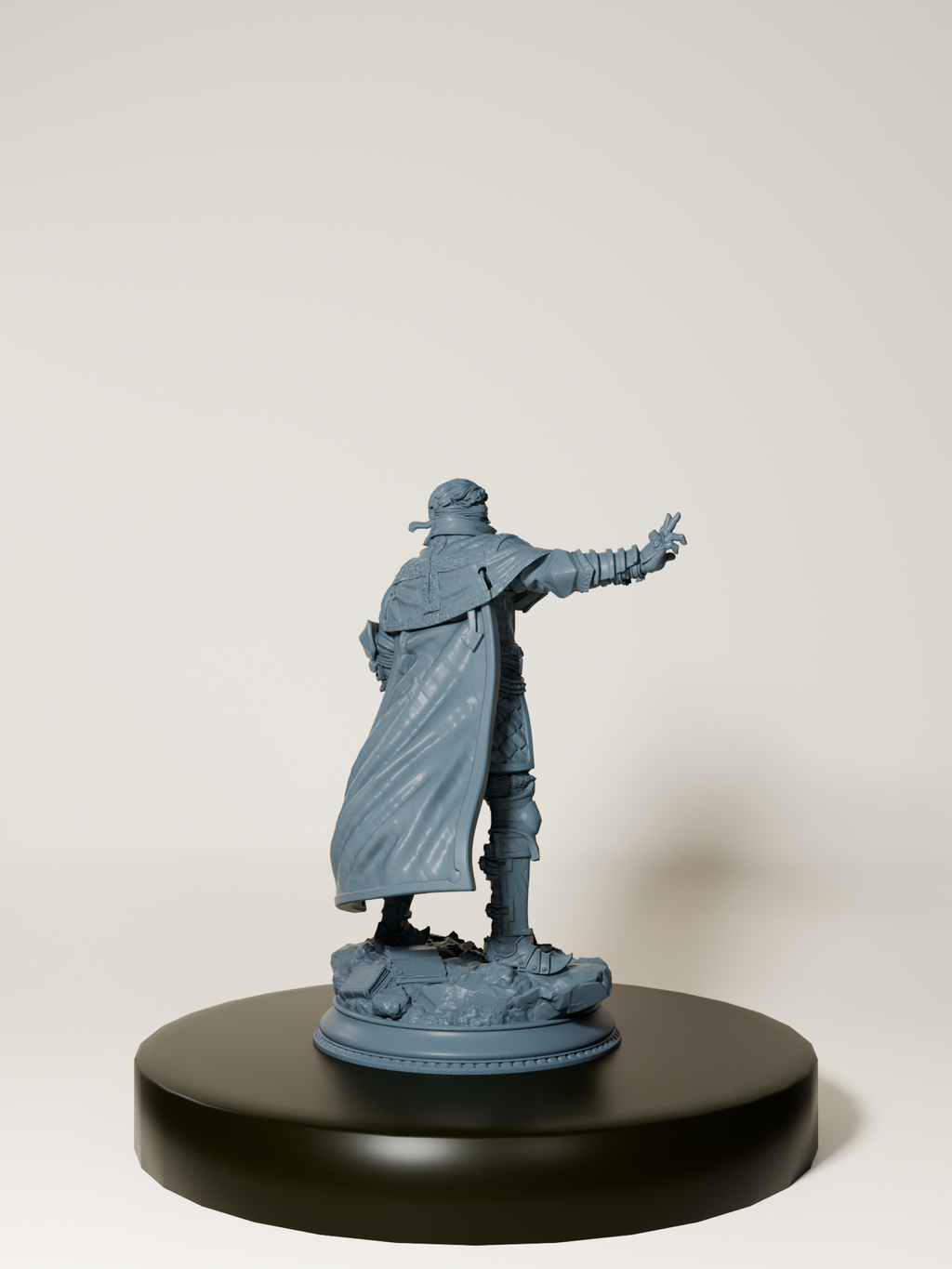 Figurine 32 mm de demi-elfe inquisiteur psionique pour jeux de rôle et peinture, posture dynamique, armure détaillée et cape flottante.
