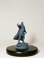 Figurine 32 mm de demi-elfe inquisiteur psionique pour jeux de rôle et peinture, posture dynamique, armure détaillée et cape flottante.