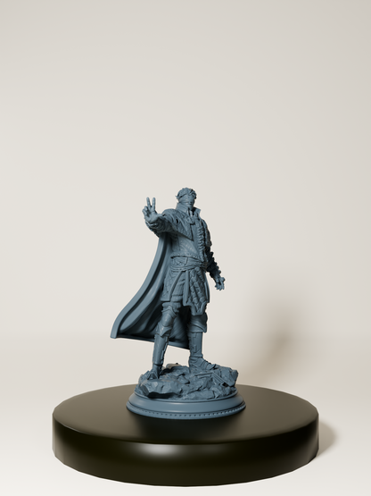 Figurine 32 mm de demi-elfe inquisiteur psionique pour jeux de rôle et peinture, posture dynamique, armure détaillée et cape flottante.
