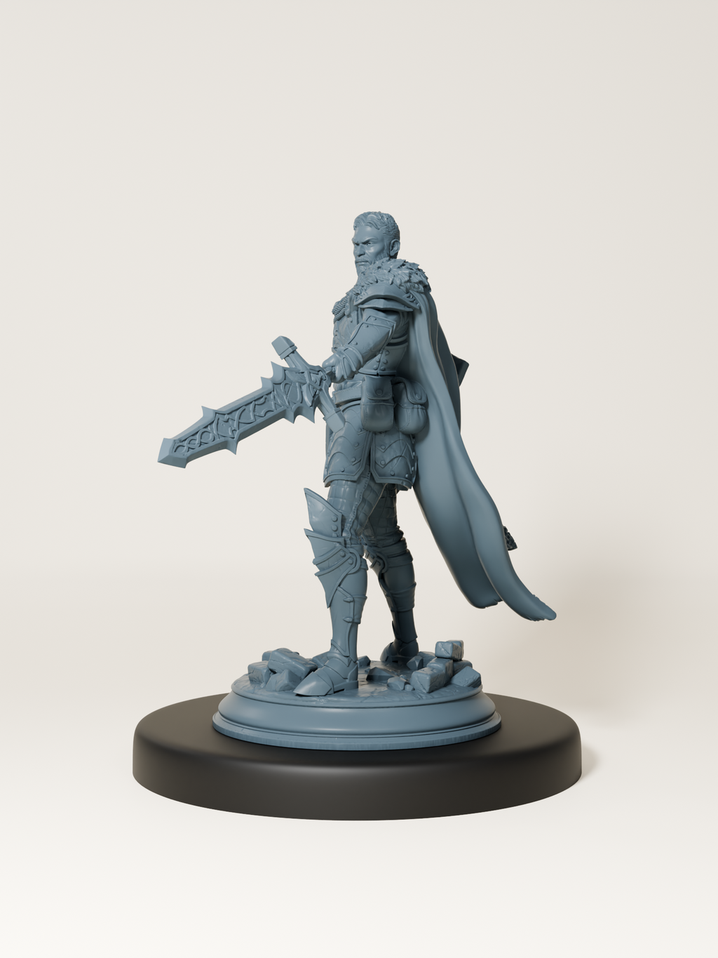 Figurine de paladin en armure avec cape, épée et bouclier, miniature fantasy à peindre pour jeu de rôle.