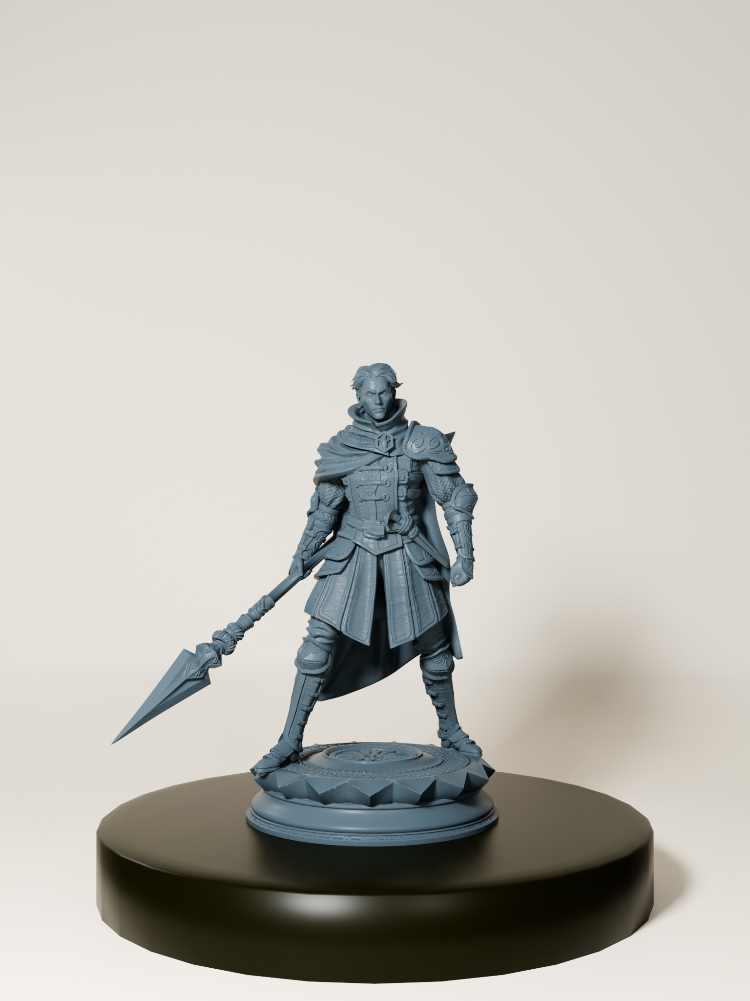 Figurine de lancier humain pour jeux de rôle, posée sur un socle, en pleine posture de combat.