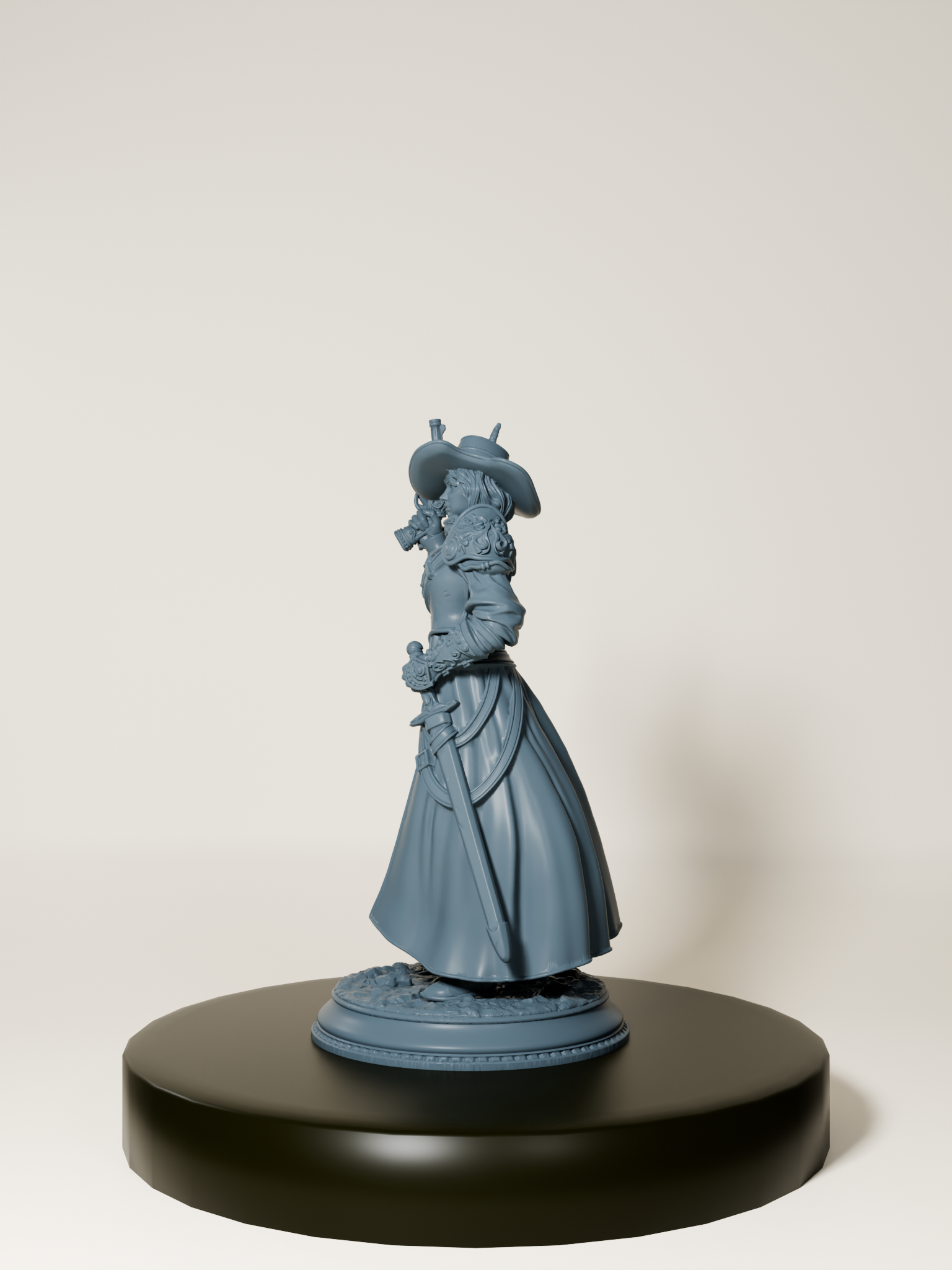 Figurine d’une inquisitrice humaine armée d’un pistolet et d’une rapière, vêtue d’un long manteau détaillé, parfaite pour le jeu de rôle et la peinture de figurines