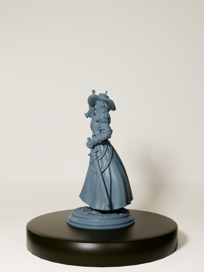 Figurine d’une inquisitrice humaine armée d’un pistolet et d’une rapière, vêtue d’un long manteau détaillé, parfaite pour le jeu de rôle et la peinture de figurines