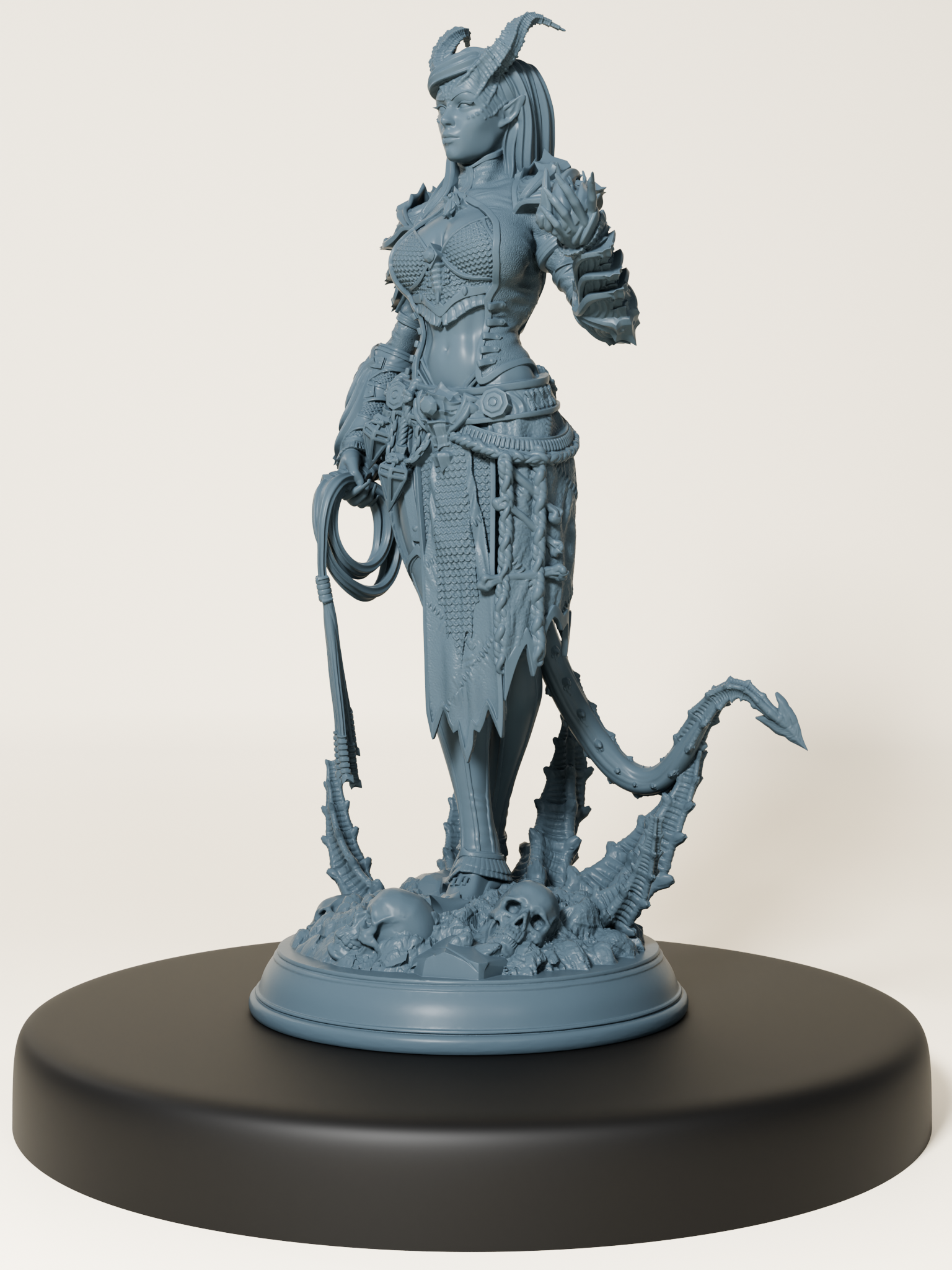 Figurine à peindre de femme guerrière draconique avec armure, cornes et queue, pour jeu de rôle et diorama
