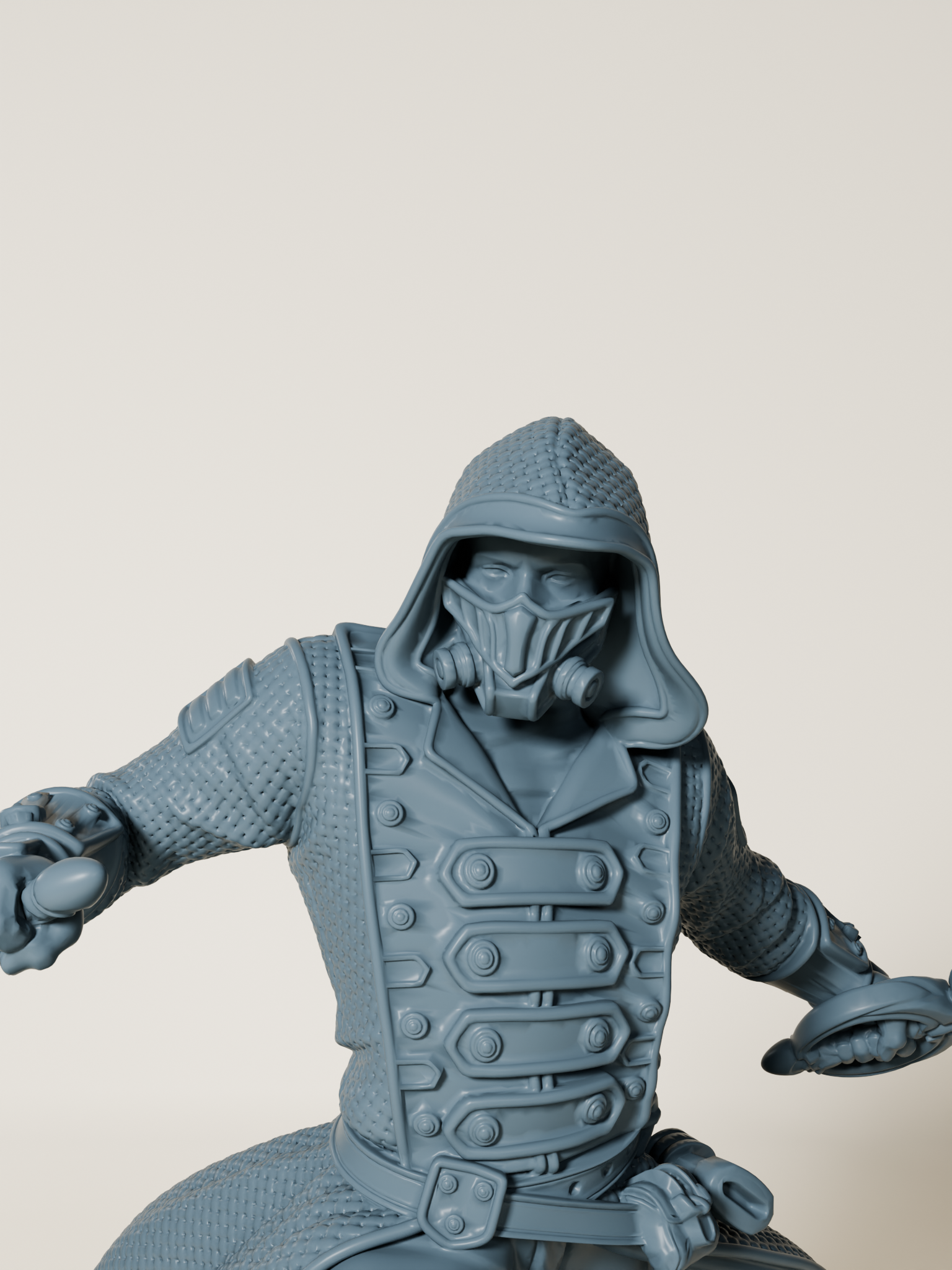 Figurine d’un assassin humain en pleine action, équipé d’un manteau à capuche et de deux lames, dans une posture de combat dynamique sur un socle détaillé.