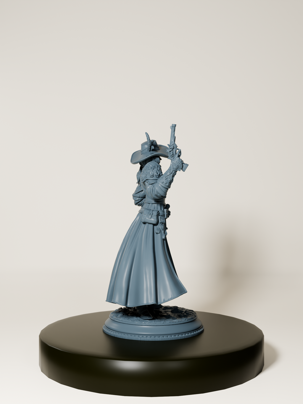 Figurine d’une inquisitrice humaine armée d’un pistolet et d’une rapière, vêtue d’un long manteau détaillé, parfaite pour le jeu de rôle et la peinture de figurines