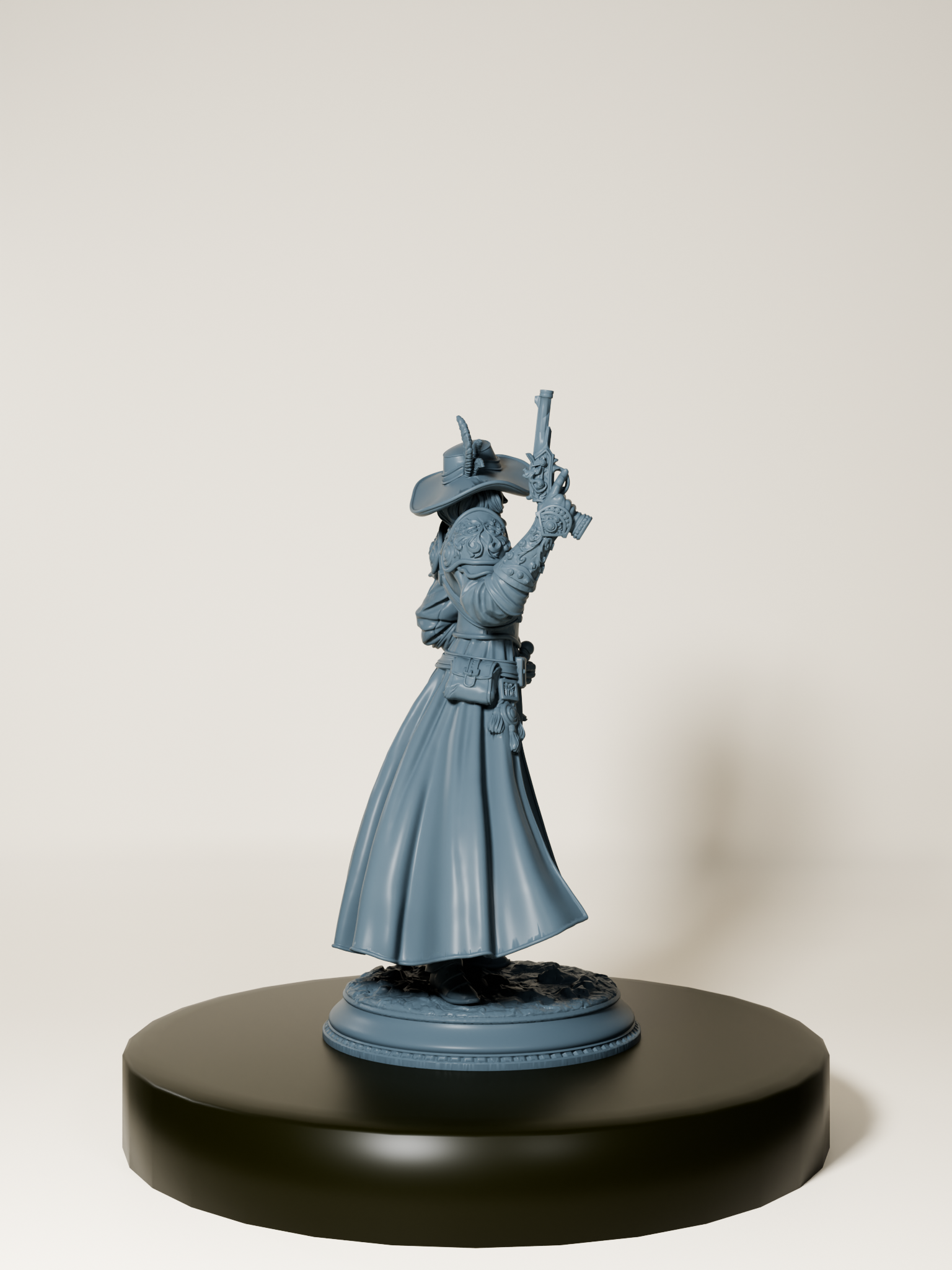 Figurine d’une inquisitrice humaine armée d’un pistolet et d’une rapière, vêtue d’un long manteau détaillé, parfaite pour le jeu de rôle et la peinture de figurines