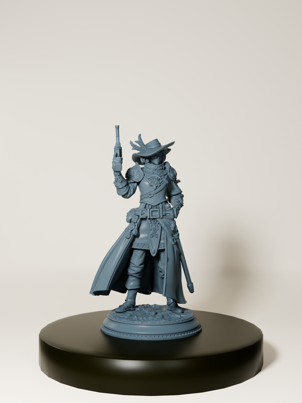 Figurine d’une inquisitrice humaine armée d’un pistolet et d’une rapière, vêtue d’un long manteau détaillé, parfaite pour le jeu de rôle et la peinture de figurines