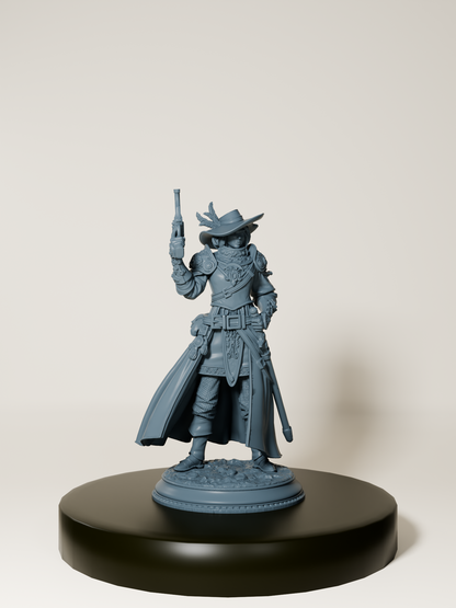 Figurine d’une inquisitrice humaine armée d’un pistolet et d’une rapière, vêtue d’un long manteau détaillé, parfaite pour le jeu de rôle et la peinture de figurines